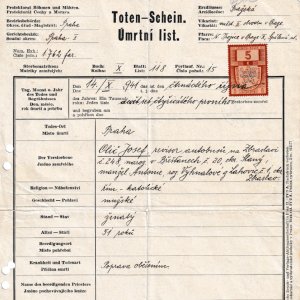 Úmrtní list otce M. Oliče Josefa, popraveného nacisty (1941)