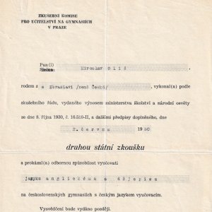 Potvrzení o složení druhé státnice z angličtiny a dějepisu (1950)