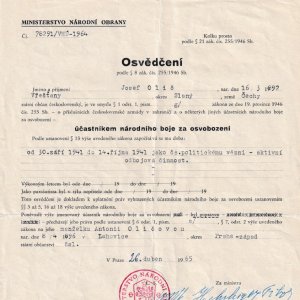 Oficiální potvrzení státu o účasti J. Oliče v protinacistickém odboji (1965)